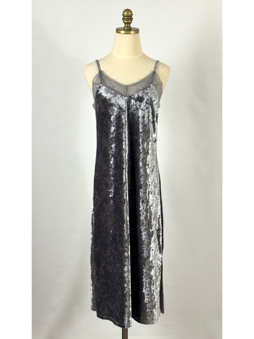 Gray Crushed Velvet Maxi Slip Dress Lace Trim Whimsigoth Grunge Dark Fairy Goth
